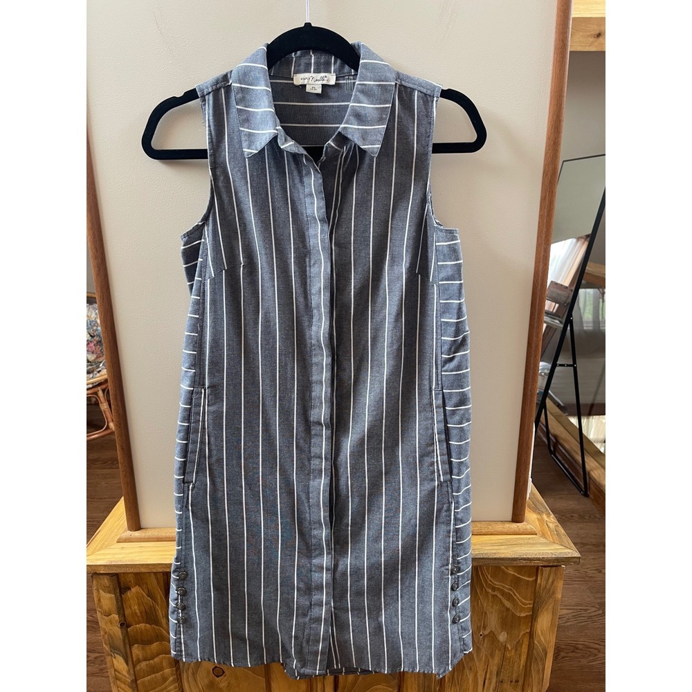 Simply Noelle Shirt Dress Womens XS Grey White Sleeveless Pockets Striped